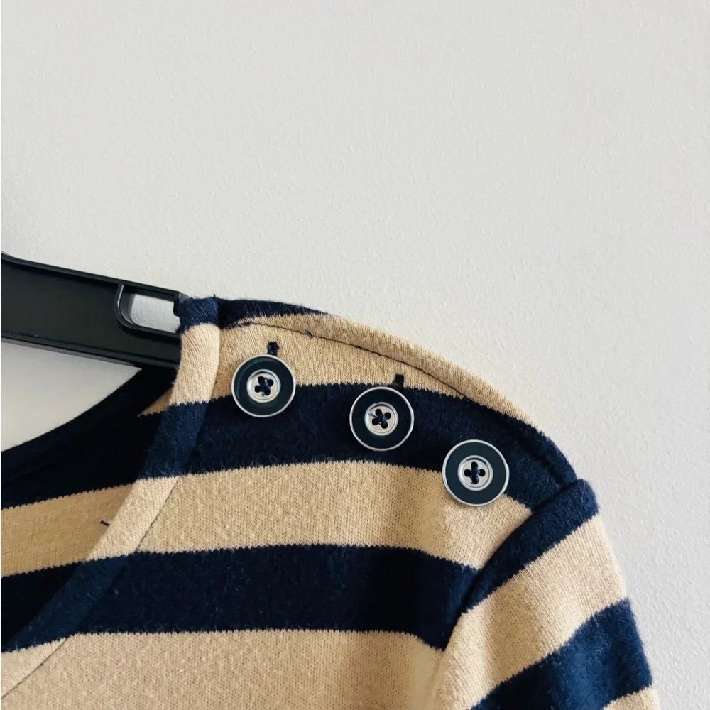 Talbots Dress Navy Tan Stripe Long Sleeve Cotton Knee Women’s L Preppy Nautical